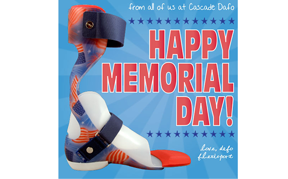 Red white and blue Flexisport. Caption reads From all of us at Cascade Dafo, Happy Memorial Day! Love, DAFO FlexiSport.